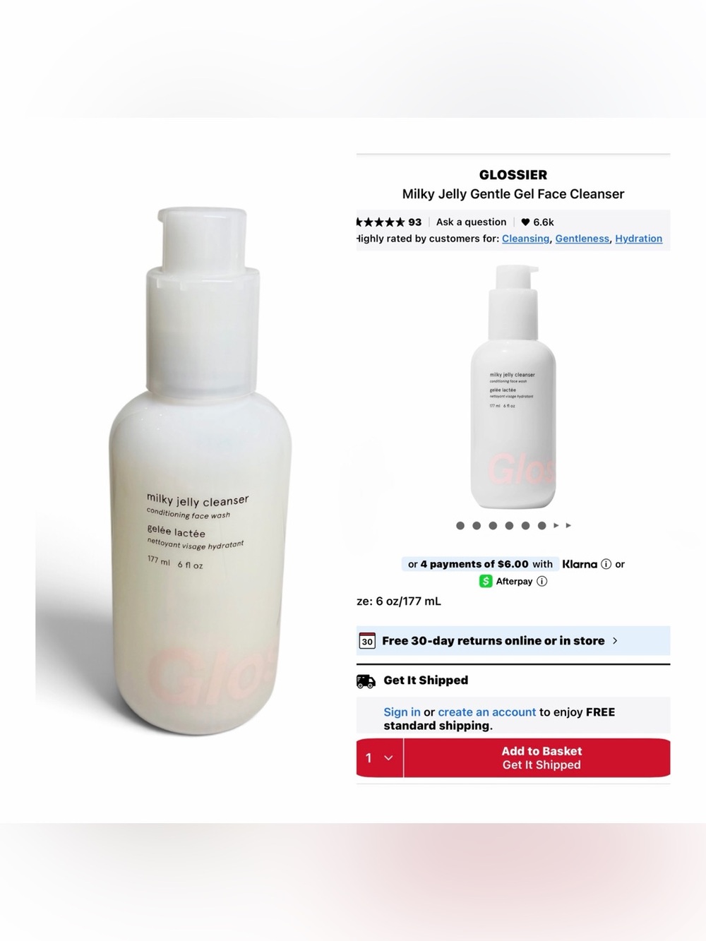 Glossier Milky Jelly Cleanser 6 oz Conditioning Face Wash